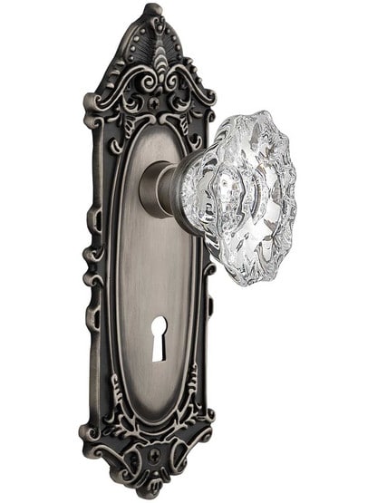 Largo Door Set with Keyhole and Chateau Crystal Glass Knobs in Antique Pewter.